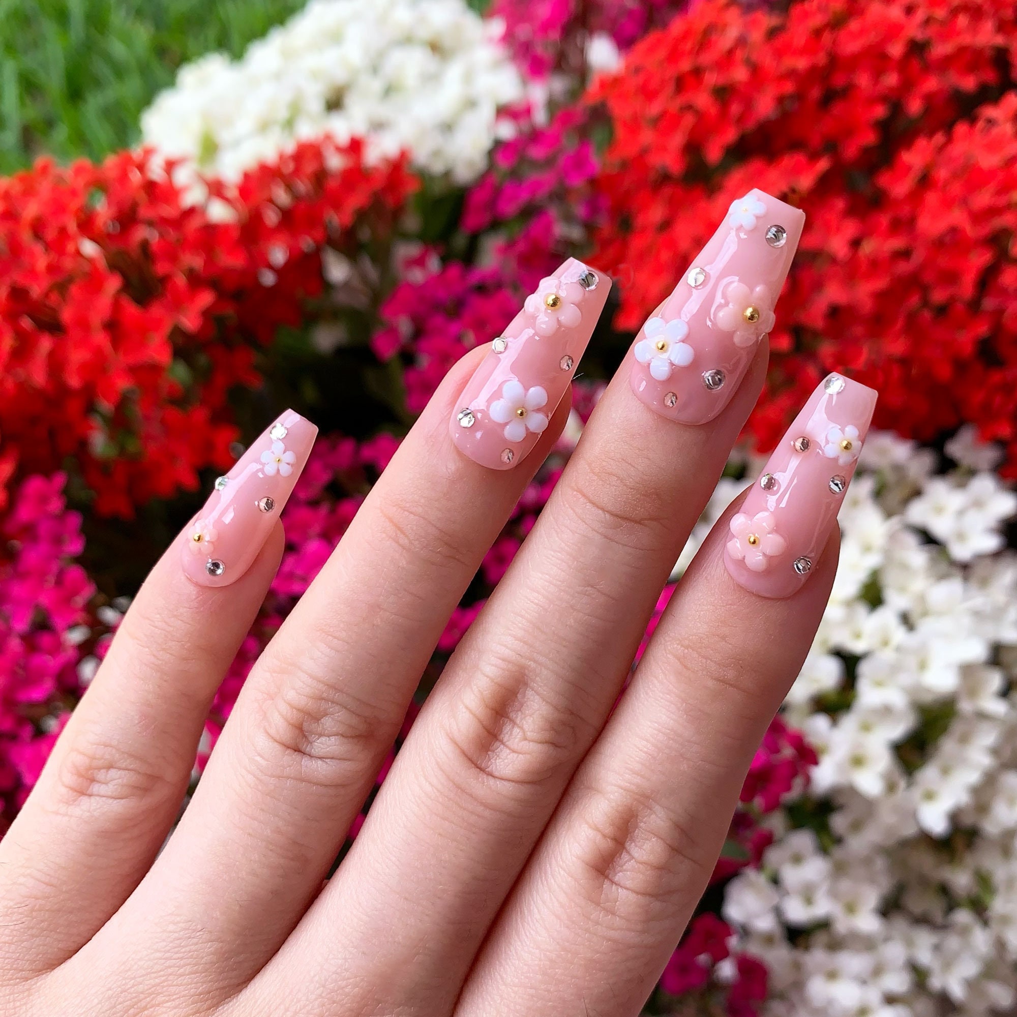 Pink Nude 3D Flower Press On Nails| Custom Made Nails| DIY Glue On Nails| Trendy Summer Nails| Press On Nails Short| Short Nails