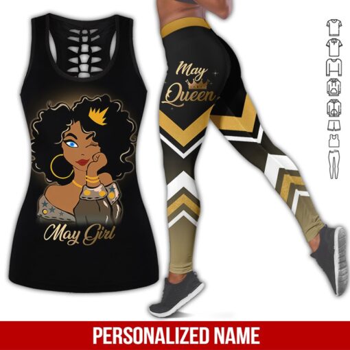 May Girl Black Queen Custom Name Tank Top And Leggings For Women | Lgn1281