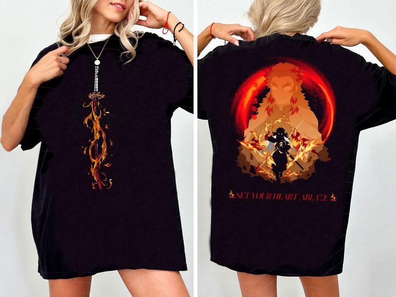 Demon Slayer Kyojuro Rengoku Nichirin T-Shirt 90s Slayer Style Graphic Anime Tee for Women – Black Cotton Top with Unique Design