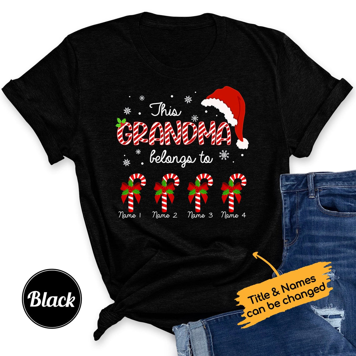 Personalized T-Shirt This Grandma Belongs To Christmas Candy Cane & Santa Hat Printed Custom Grandkids Name