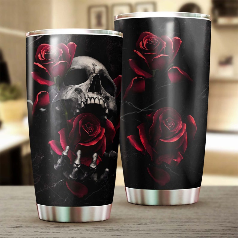 Skull Holding Rose Fancy Cool Tumbler-Skull Tumbler-Skull Birthday Gift Christmas Gift For Her For Him