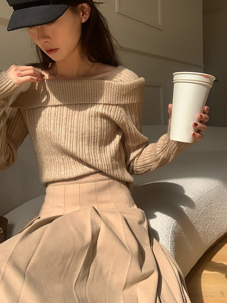 2022 Autumn Off Shoulder Knit Pullover Women Design Sweet Long Sleeve Sweater Y2k Tops Korean Fashion Office Lady Outwear Slim alx