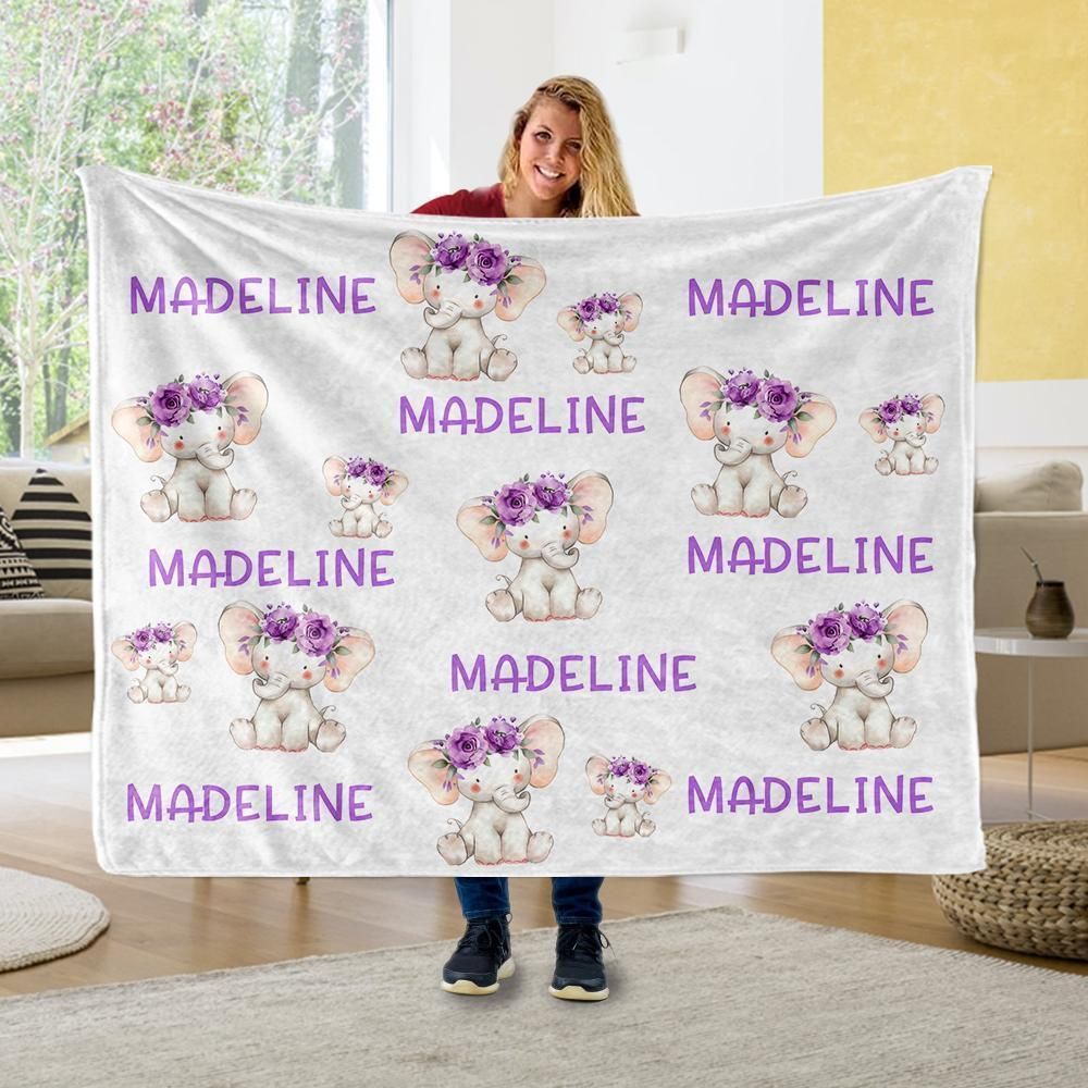 Purple Floral Elephant Custom Text Name Fleece Blanket