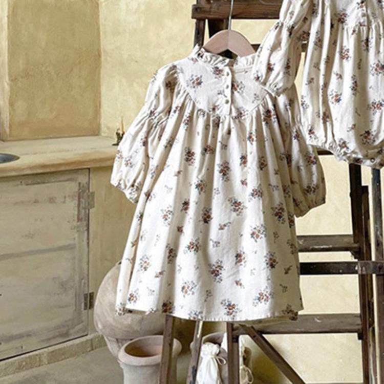 0-3y Baby Girl Retro Floral Long Sleeves Bodysuit Kid Fungus Collar Cotton Jumpsuit Autumn Sweet Solid Soft Dress New Clothes alx