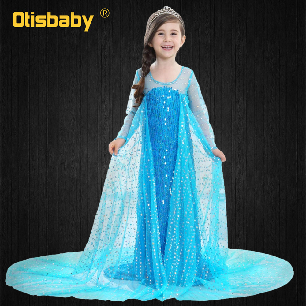 Birthday Party Girls Princess Elsa Dress Summer Toddler Girl Long Sleeve Blue Dresses with Long Tail Sequins Elegant Ball Gowns alx