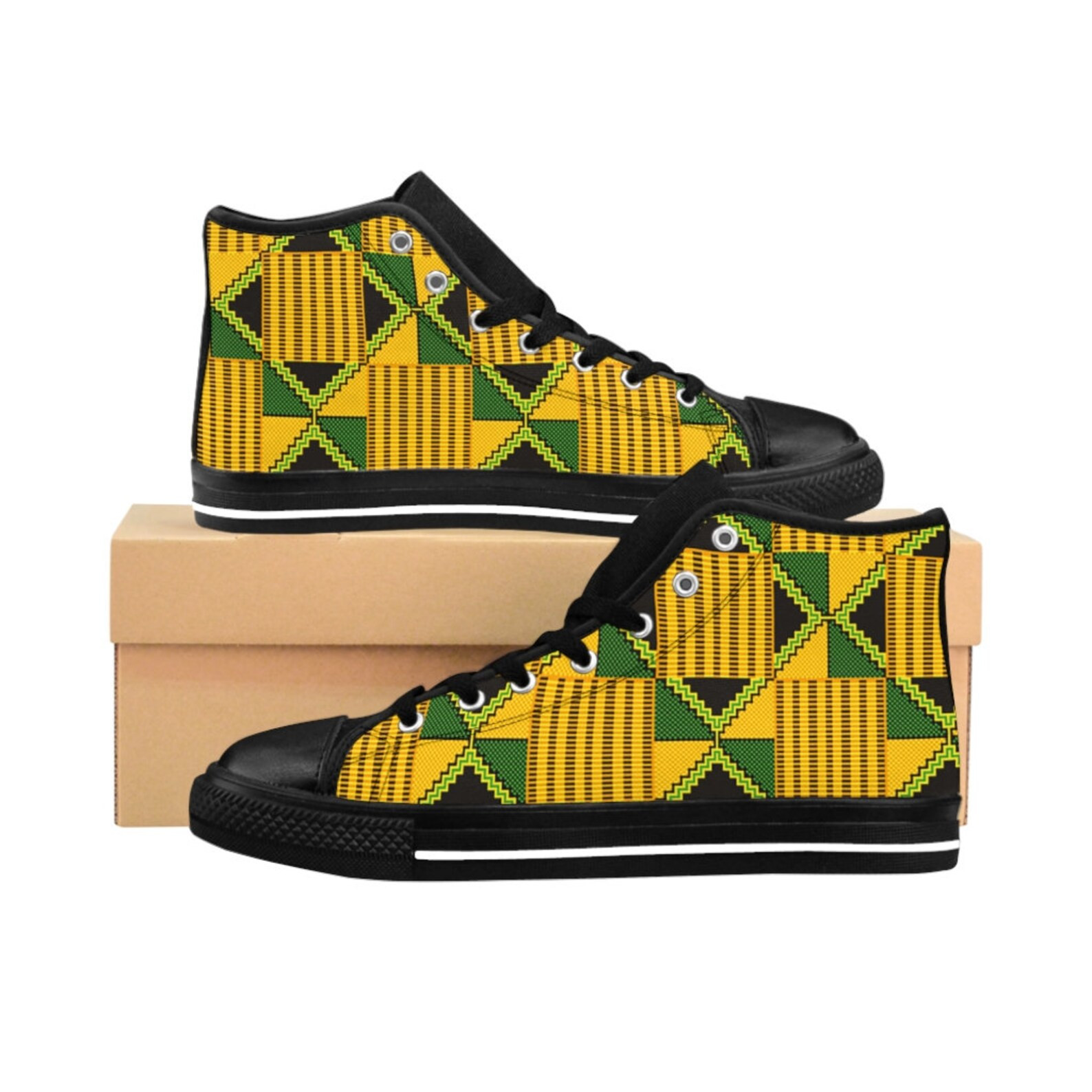 Yellow Black And Green Kente High Top Shoes