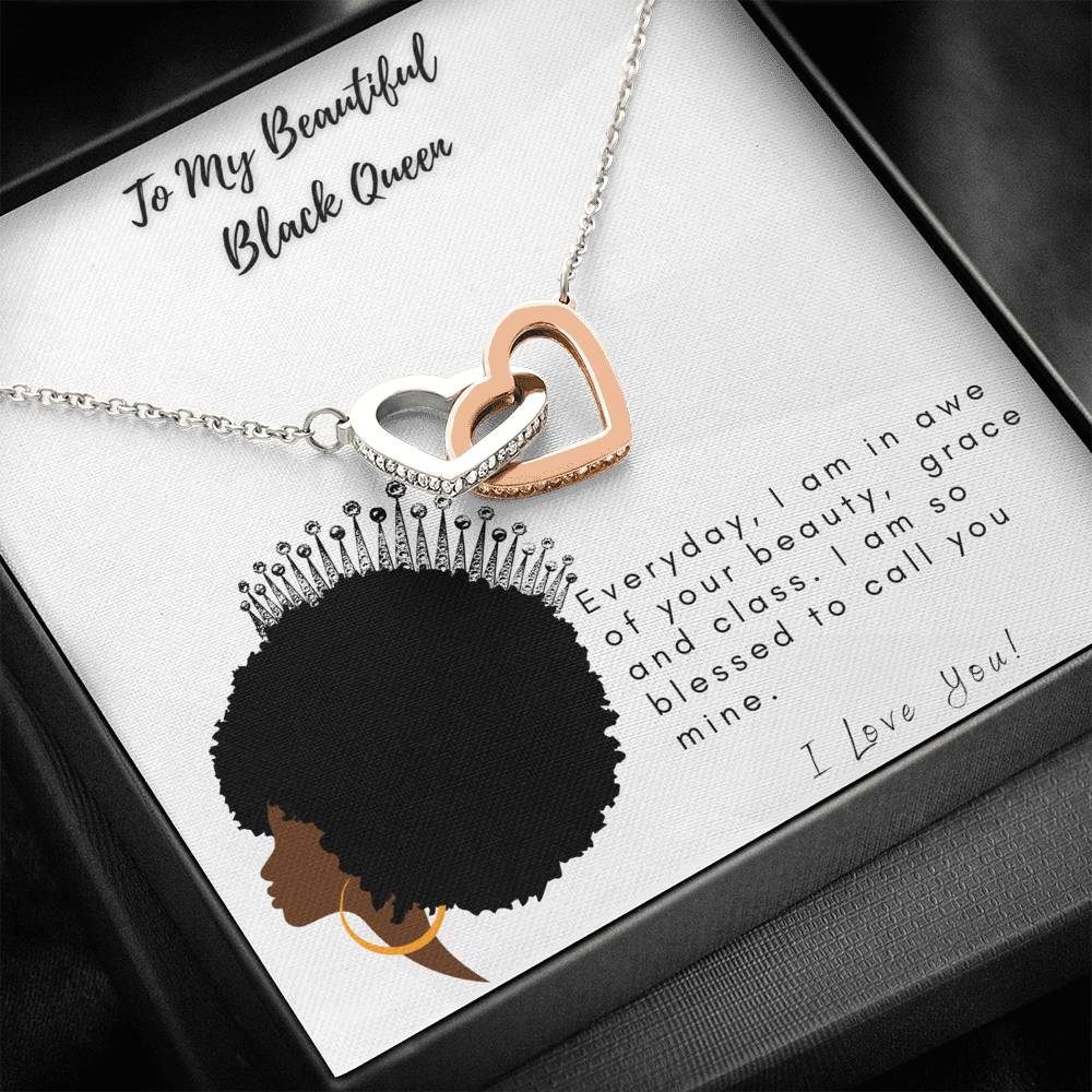 Beautiful Black Queen Interlocking Heart Necklace W/ Cubic Zirconia