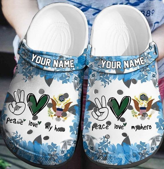 Custom Name Peace Love My Hero Hot Us Army Rubber clog Shoes Comfy Footwear