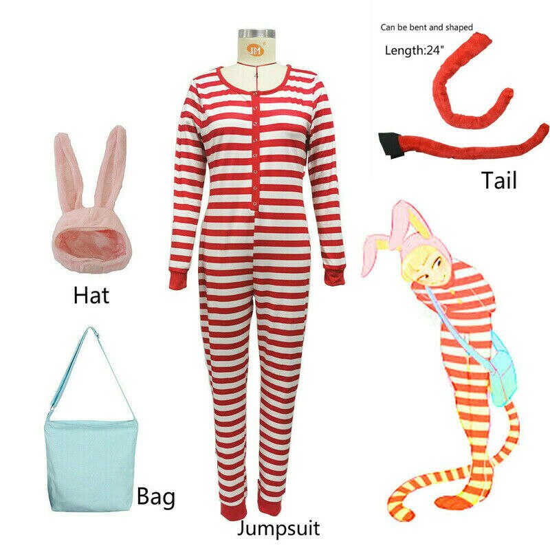 Popee The Performer Cosplay Costume with Bag White and Red Striped Pajamas Jumpsuit Plush Bunny Ear with Tail Christmas Night alx