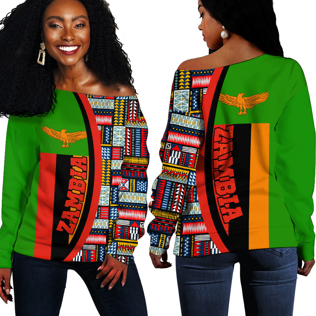 Africazone Clothing – Zambia Flag And Kente Pattern Special Women’S Off Shoulder Sweaters A35