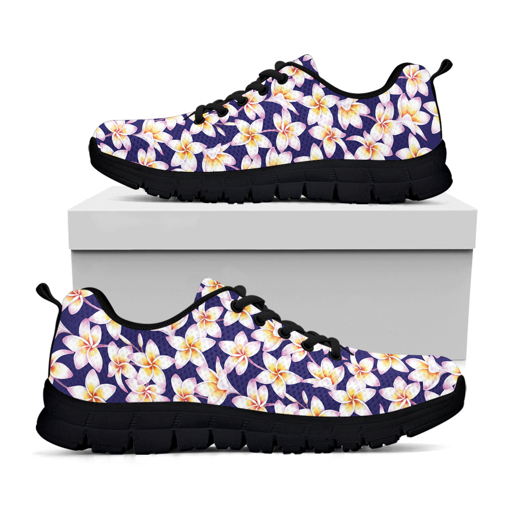 Watercolor Frangipani Flower Print Black Sneakers