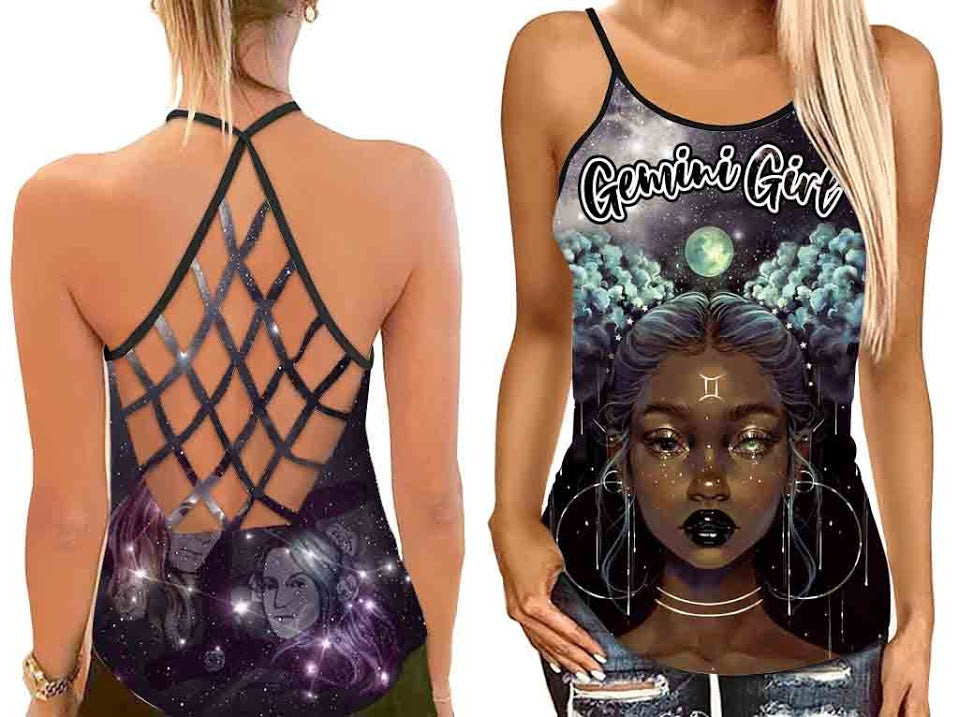 The Gemini Girl Tank Top Shirt Women – Black Girl Criss Cross Open Back Camisole Tank