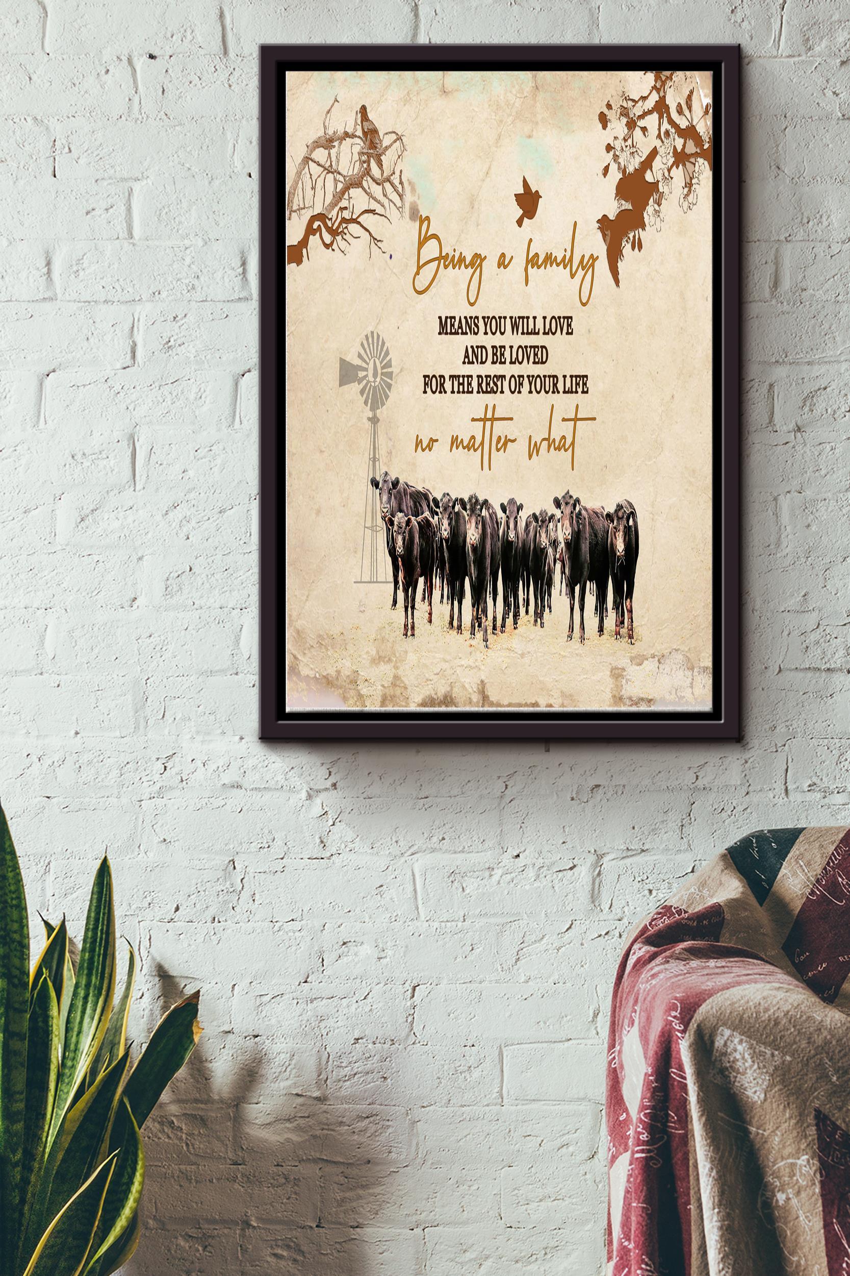 Being A Family Poster – Family Wall Art – Gift For Cow Lovers Relatives Son Daughter Dad Papa Mom Mother Home Decor Framed Matte Canvas