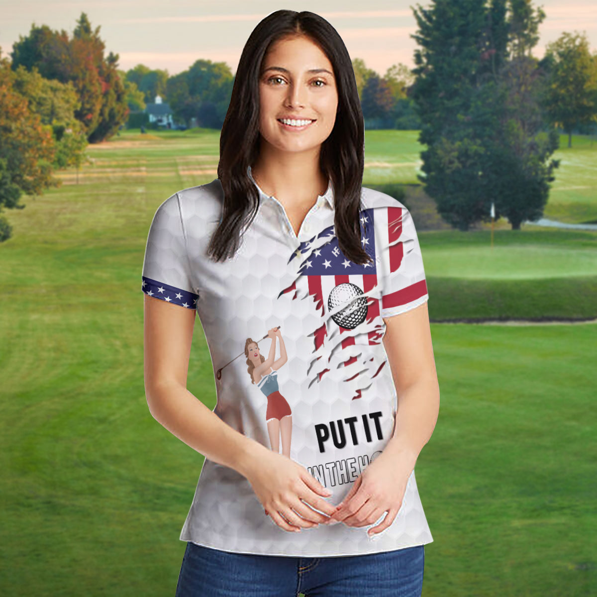 Golf American Flag Girl Short Sleeve Women Polo Shirt Coolspod