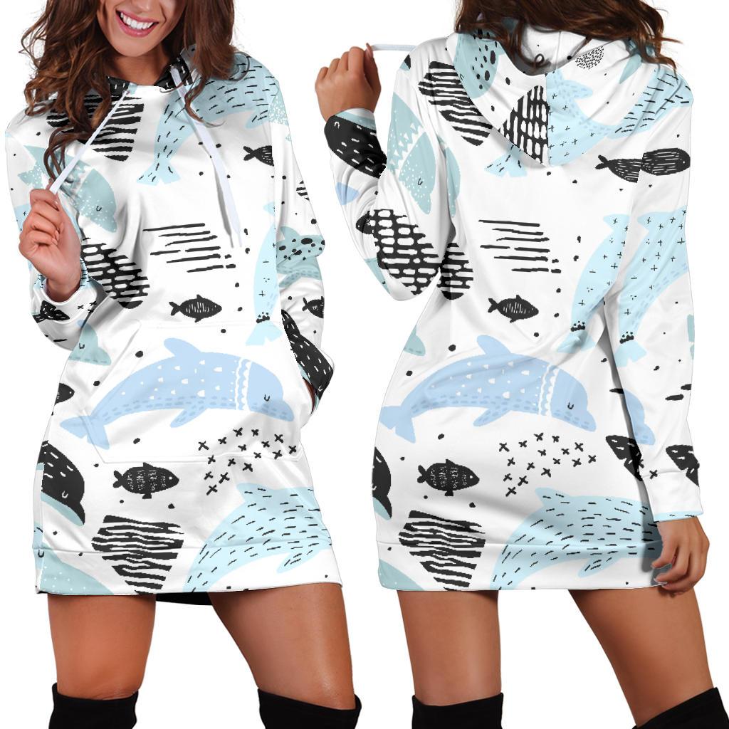 Cute Dolphins Childish Style Pattern Women’S Hoodie Dress