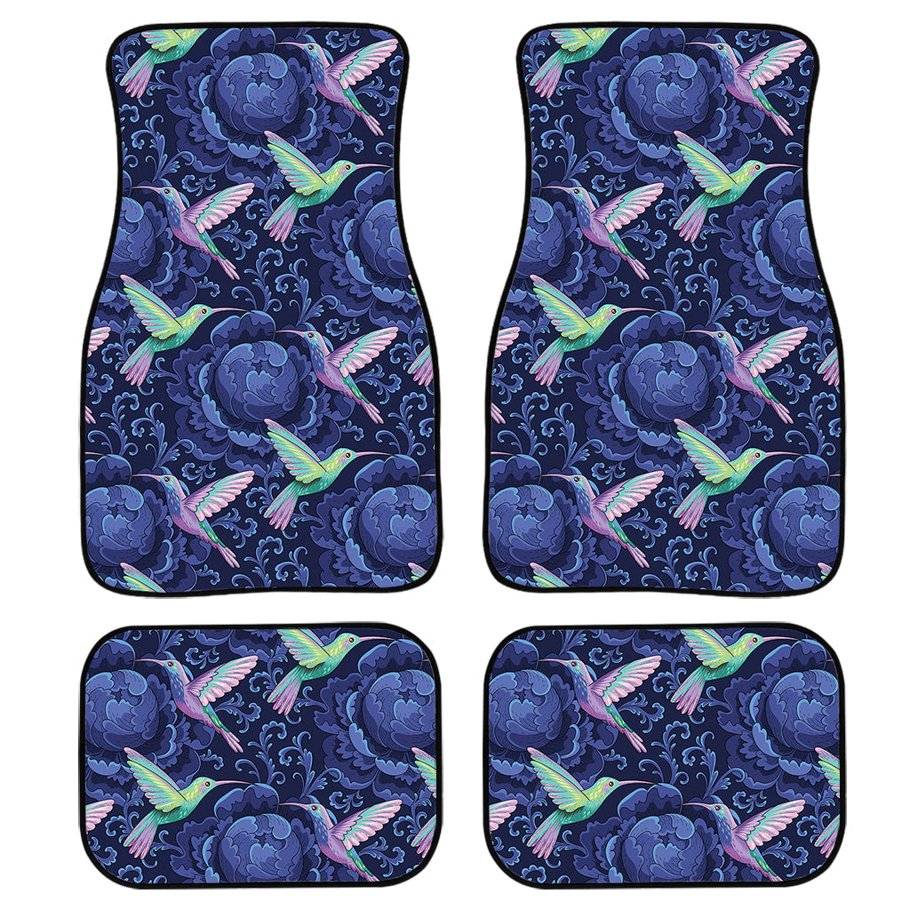 Dark Blue Floral Hummingbird Print Front And Back Car Floor Mats, Front Car Mat