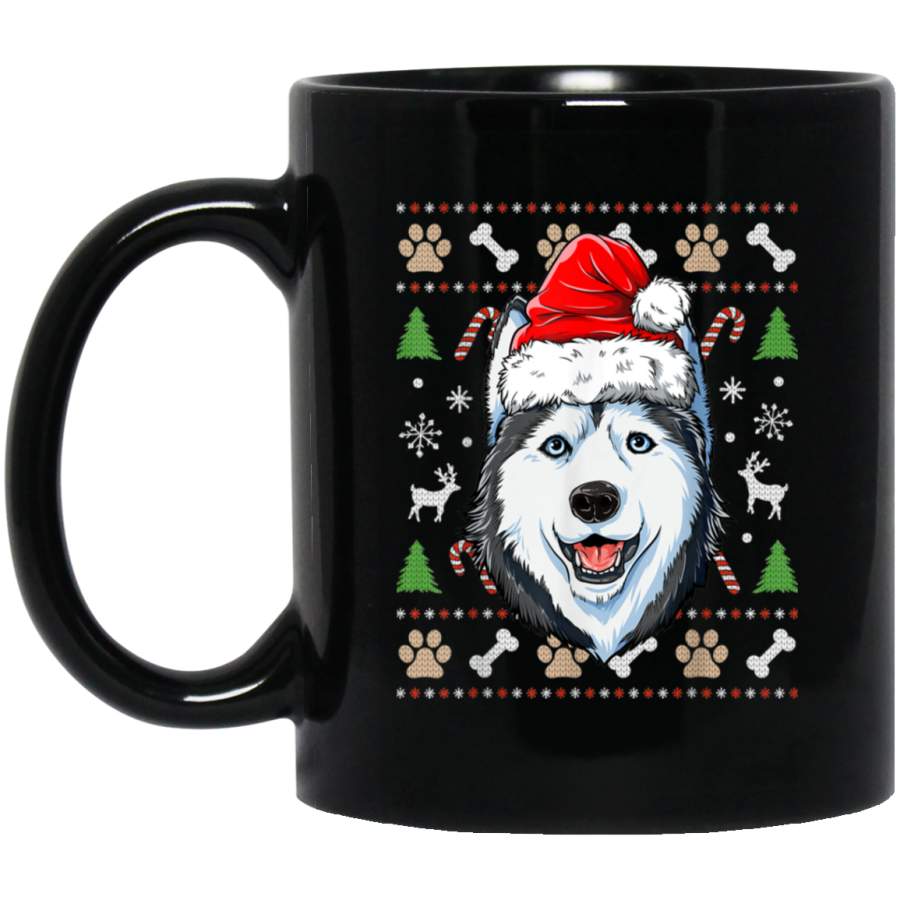 Siberian Husky Ugly Christmas Santa Hat Xmas Dog  11 oz 15 oz Mug Black