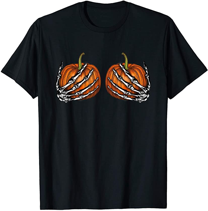 Pumpkin Boobs Skeleton Hands Bra Halloween Party Costume T Shirt