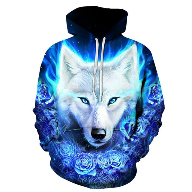 3D Tracksuit Blue Rose White Wolf Hoodie