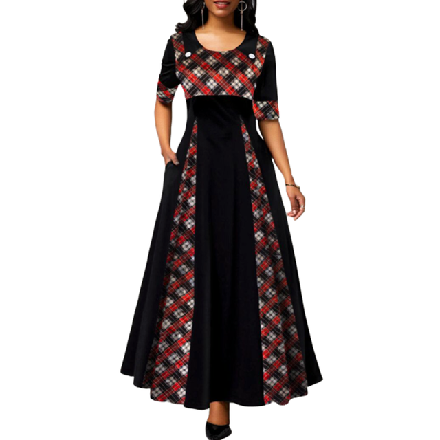 Women Plaid Print Maxi Dress Half Sleeve 2020 Autumn New Vintage Party Dress A-Line High Waist Female Bohemian Vestidos alx