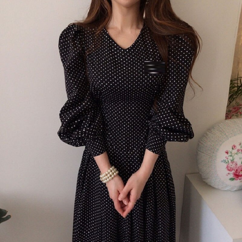 Elegant Vintage V-Neck Long-Sleeved Waist Tie Long Dresses 2022 Autumn New Korean Women’S Fashion Casual Office Ladies Dresses alx