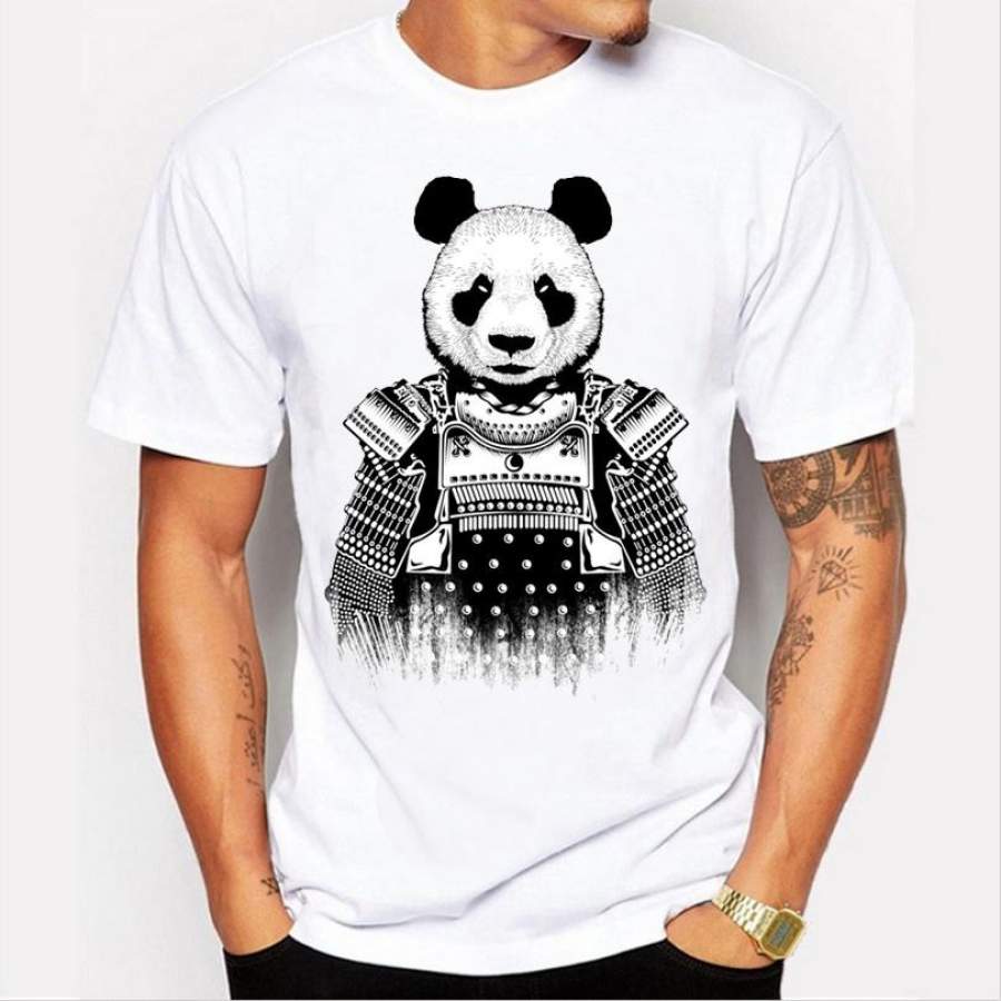 Summer Fashion New Personality Wear Armor Panda Pattern Printing Casual Short-Sleeved Men’S White T-Shirt