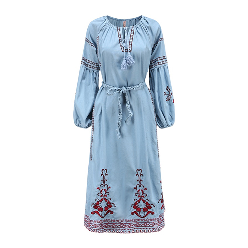 Summer Bohemian Holiday Beach Dress Retro Ethnic Style Retro Heavy Embroidered Lantern Sleeve Cotton Linen In Long Dresses alx