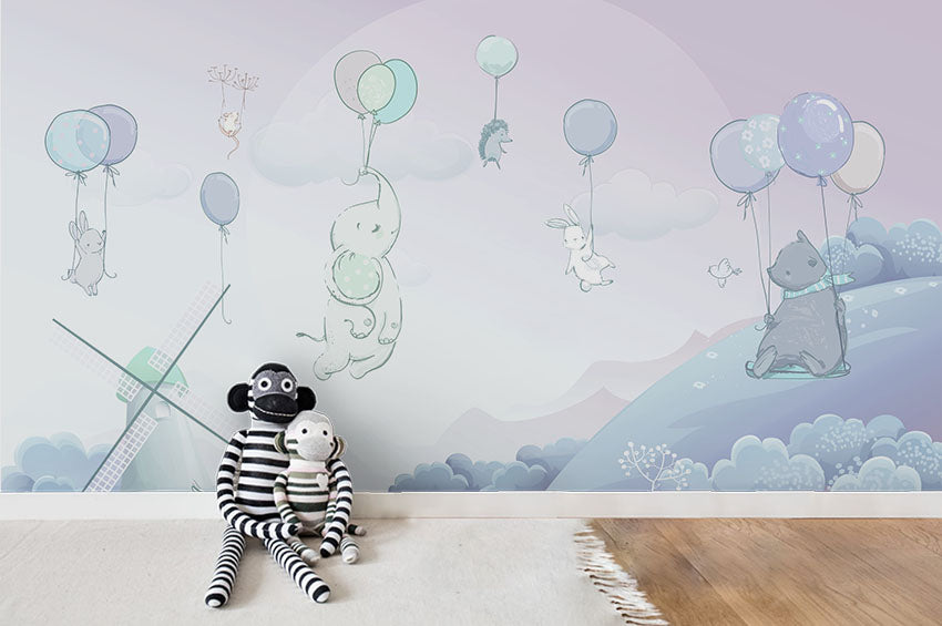 3D Cartoon Animal Elephant Balloon Cloud Wall Mural Wallpaper Lqh 82