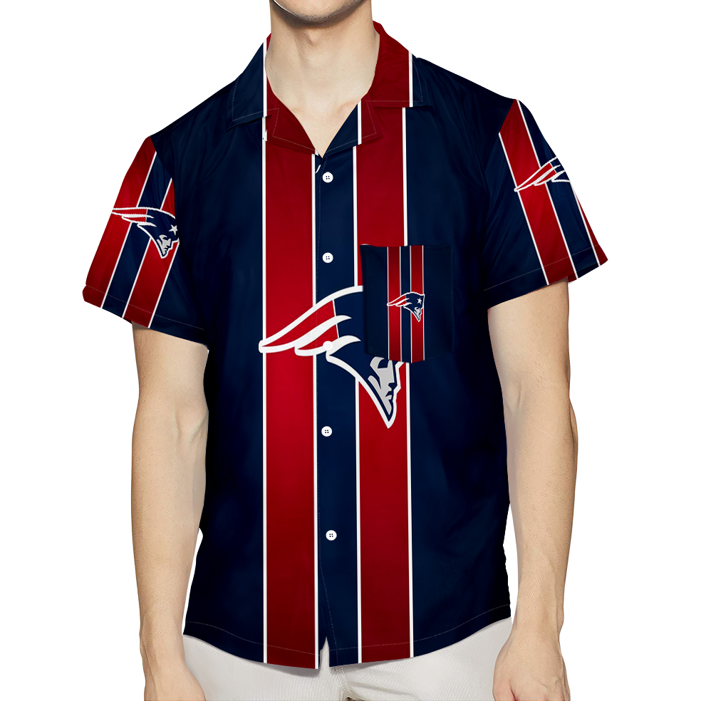 New England Patriots Blue Red Striped 3D All Over Print Summer Beach Hawaiian Shirt With Pocket