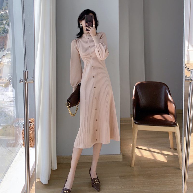 Wisher&Tong Women Sweates Dress Half High Collar Long Sleeve Black Knitted Dress Korean Chic And Elegant Midi Dress 2022 Winter alx