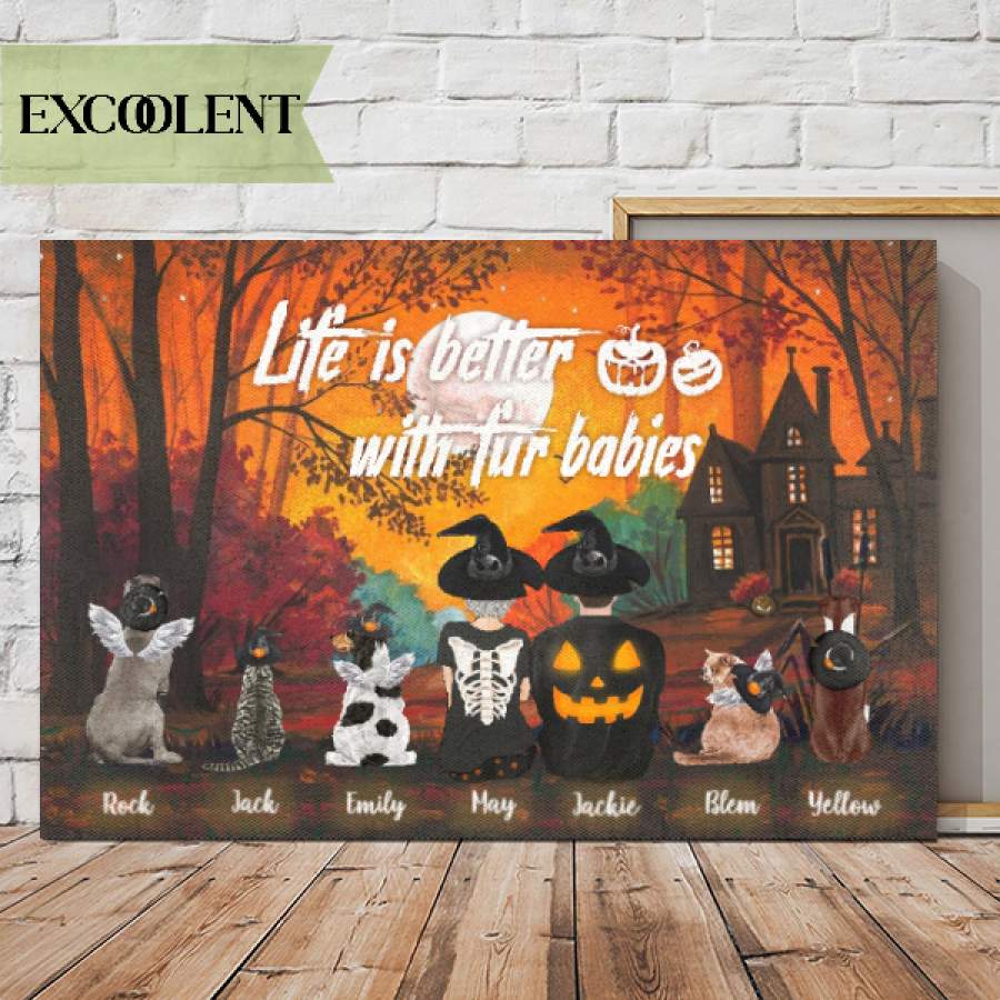 Personalized – Halloween – Mom and Dad with Dogs/Cats Choose up to 5 Dogs/Cats Canvas/Canvas with Frame/Poster