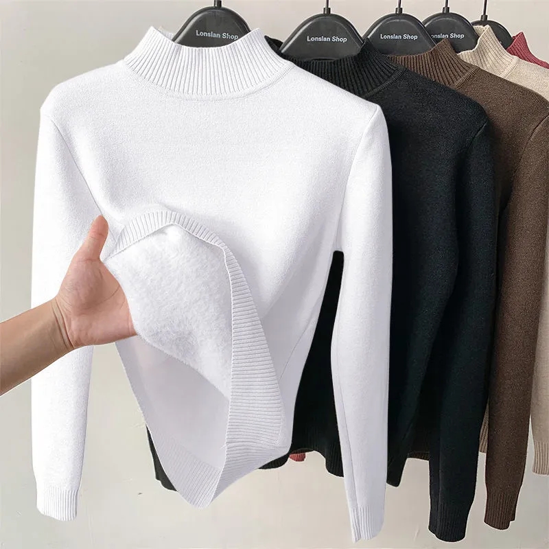 Vintage Turtleneck Winter Sweater Casual Knitted Pullovers Fashion Clothes Simple Fleece Lined Warm Knitwear Woman 2022 Base Top alx