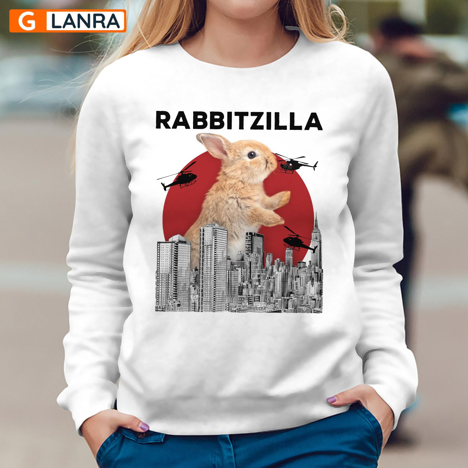 Rabbitzilla Sweatshirt, Rabbit Sweatshirt, Rabbit Farm Sweatshirt, Farm Animal Sweatshirt, Rabbit With Skyscraper And Helicopter Unisex Sweater