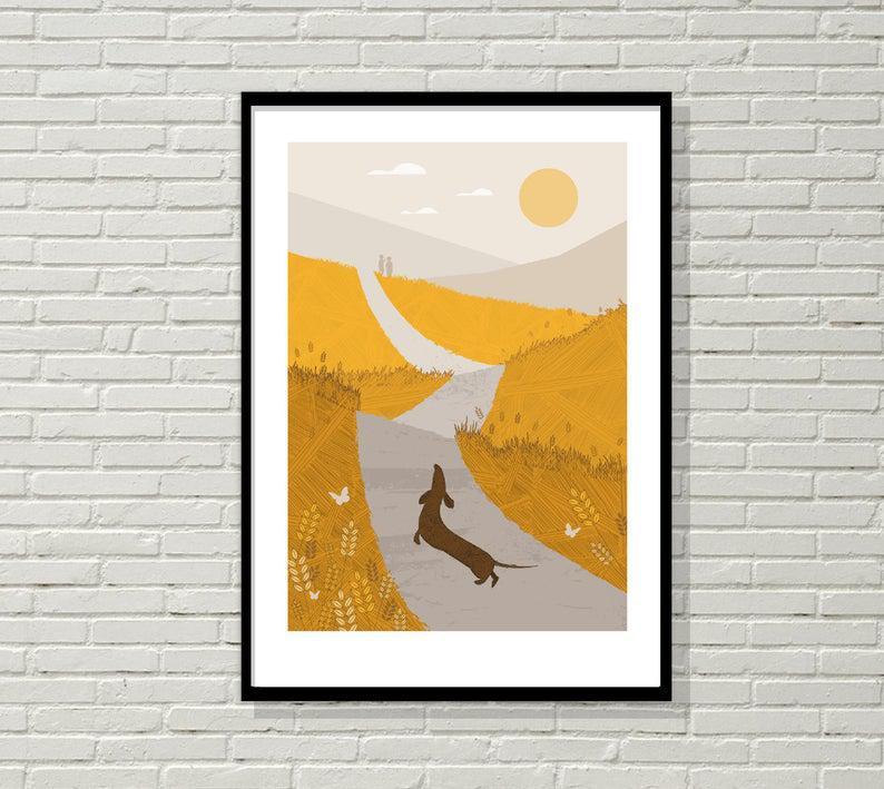 Sausage Dog Walk Retro Midcentury 1960S Illustration Print Portrait Poster & Canvas Gift For Friend Family Home Decor Wall Art Visual Art