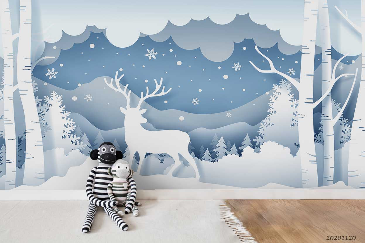 3D Cartoon Snowland Forest Fir Tree Buck Animal Wall Mural Wallpaper Lxl