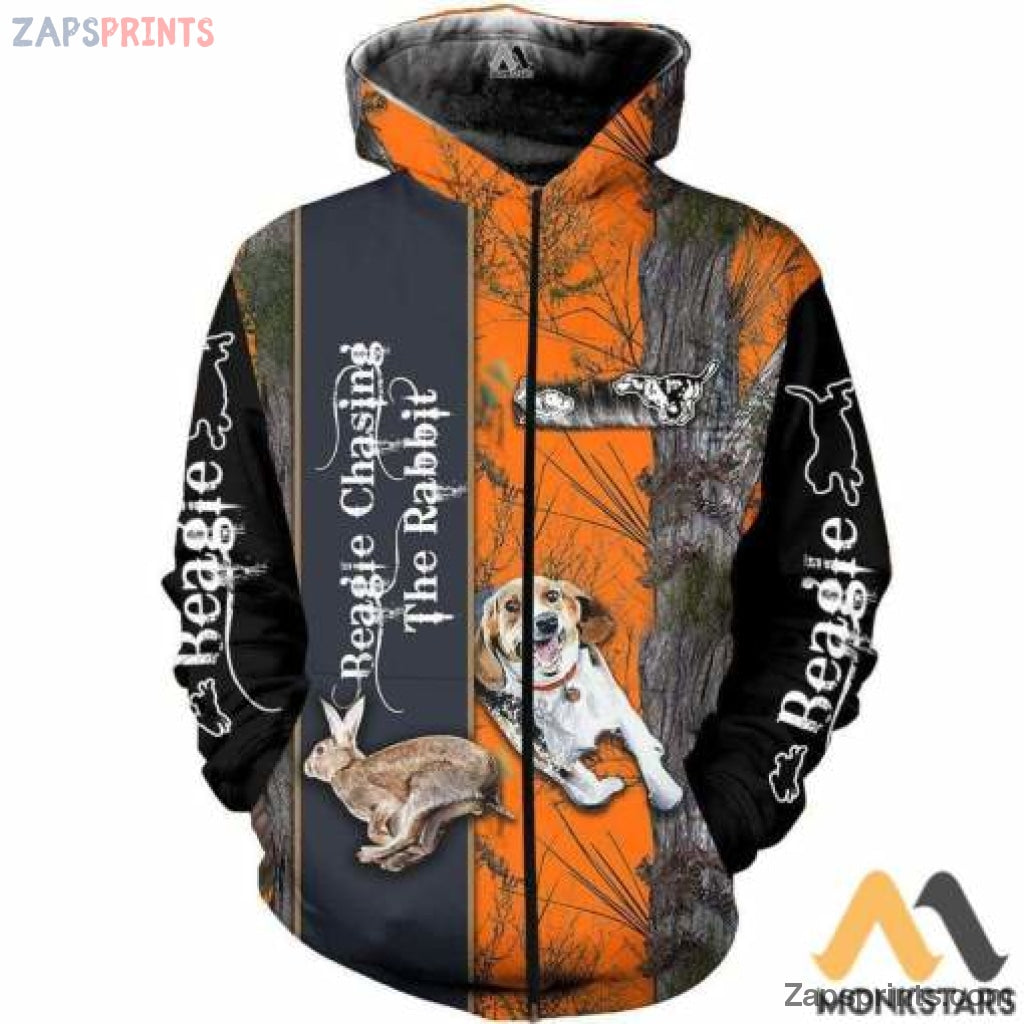 Beagle Chasing The Rabbit Orange Camo 3D All Over Printed Zip Hoodie For Men And Women