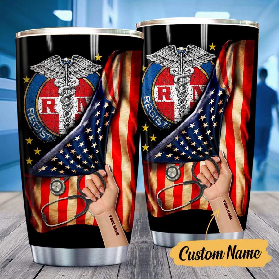 [Personalized] US Flag RN Print Stainless Steel Tumbler Custom