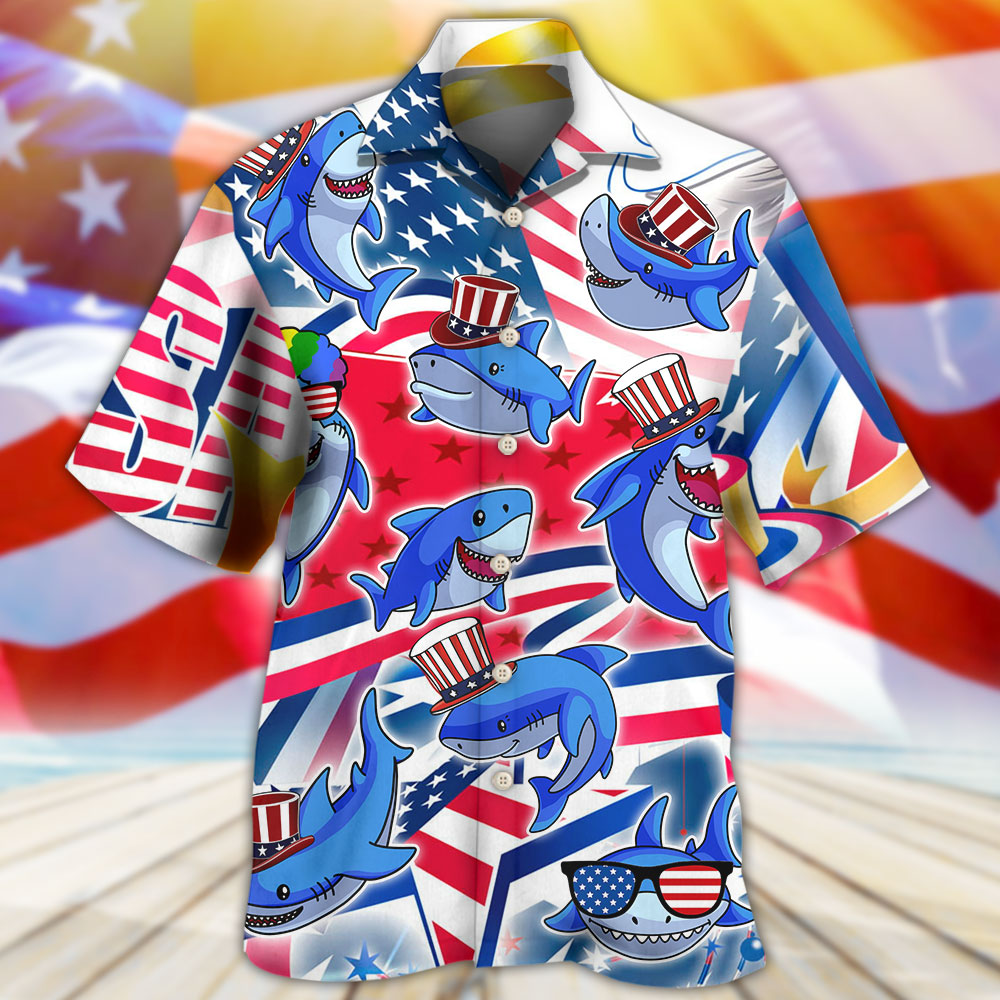 Shark Funny Usa Flag Independence Day Hawaiian Shirt