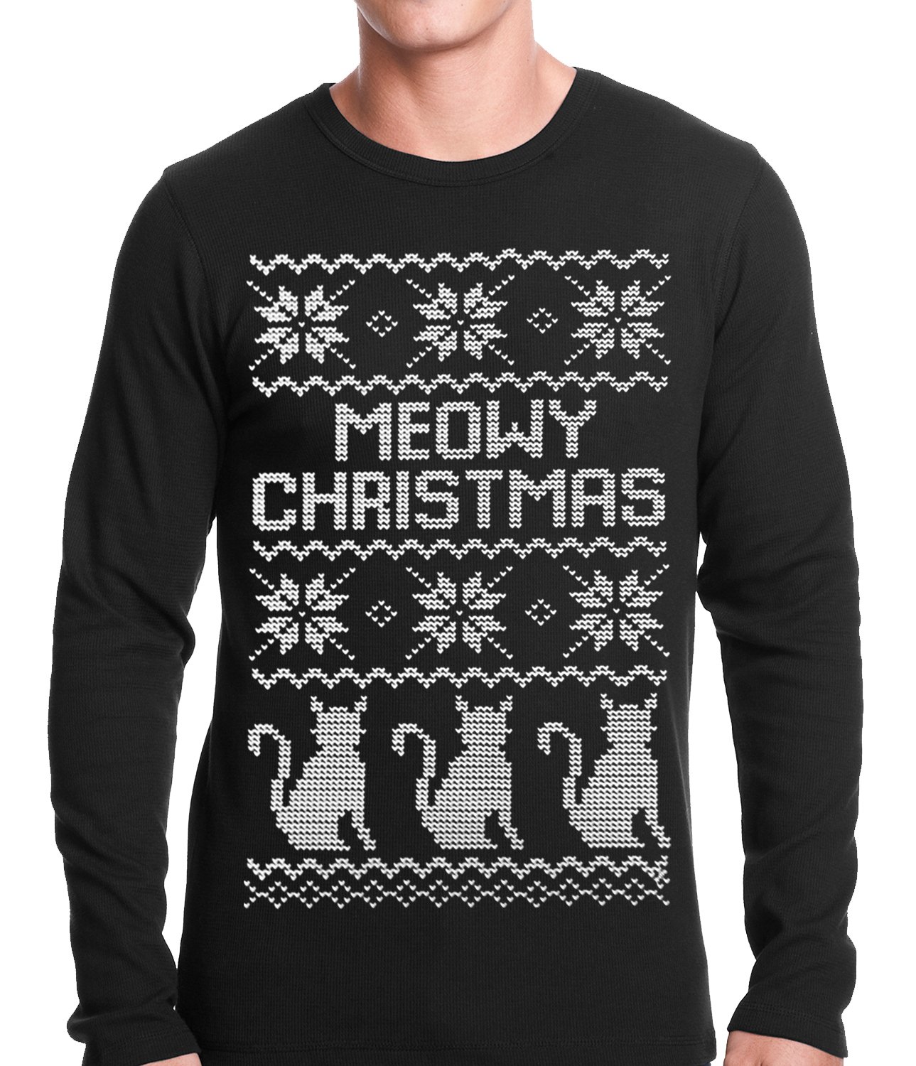 Ugly Christmas Thermal – Meowy Christmas (White Print) 3 Cats Ugly Christmas Thermal Shirt