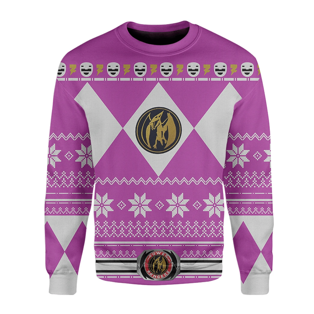 Alohazing 3D Mighty Morphin Pink Power Rangers Ugly Christmas Custom Sweatshirt