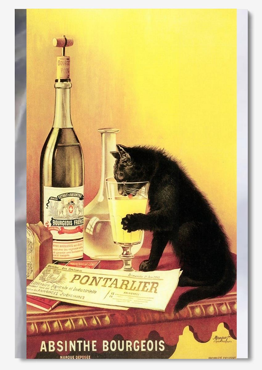 Absinthe Bourgeois Black Cat Drinking Champagne Wall Art For Cat Champagne Lover Home Decor Poster