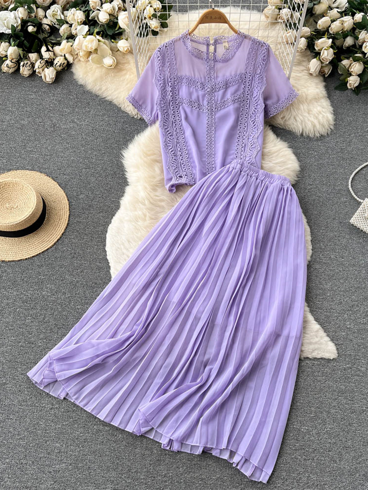 SINGREINY Splice Lace Set Women Pleated Chiffon Summer 2022 Fashion O Neck Blouse Elastic Waist A Line Long Skirt Elegant Suit alx