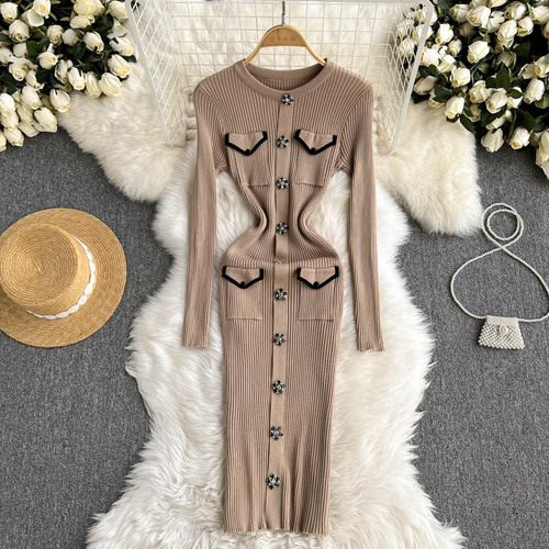 Women Elegant Chic Long Sleeve Sexy Slim Bodycon Dress Vintage Korean Fashion Knit Tight Vestido Autumn Winter Sweater Robe alx