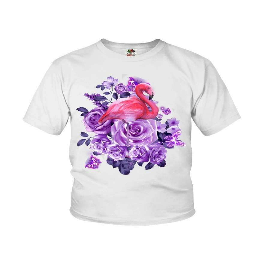 Flamingo Purple Flowers Cute Shirt Youth Tee