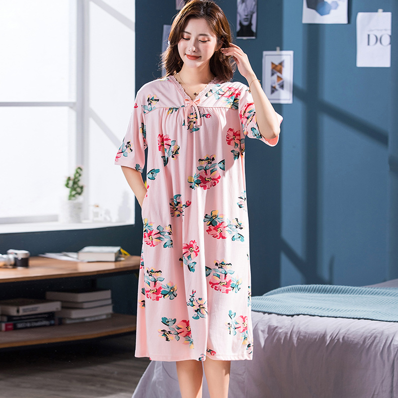 Women summer cotton nightgowns short-sleeved Korean loose big yards 3XL v-neck lace nightshirt female flower print night dress alx