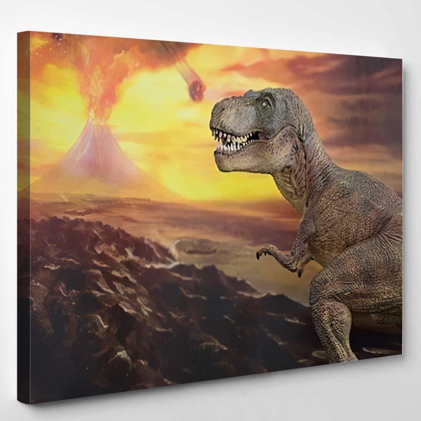 Tyrannosaurus Rex Volcano Explosion Background – Dinosaur Animals Canvas Print