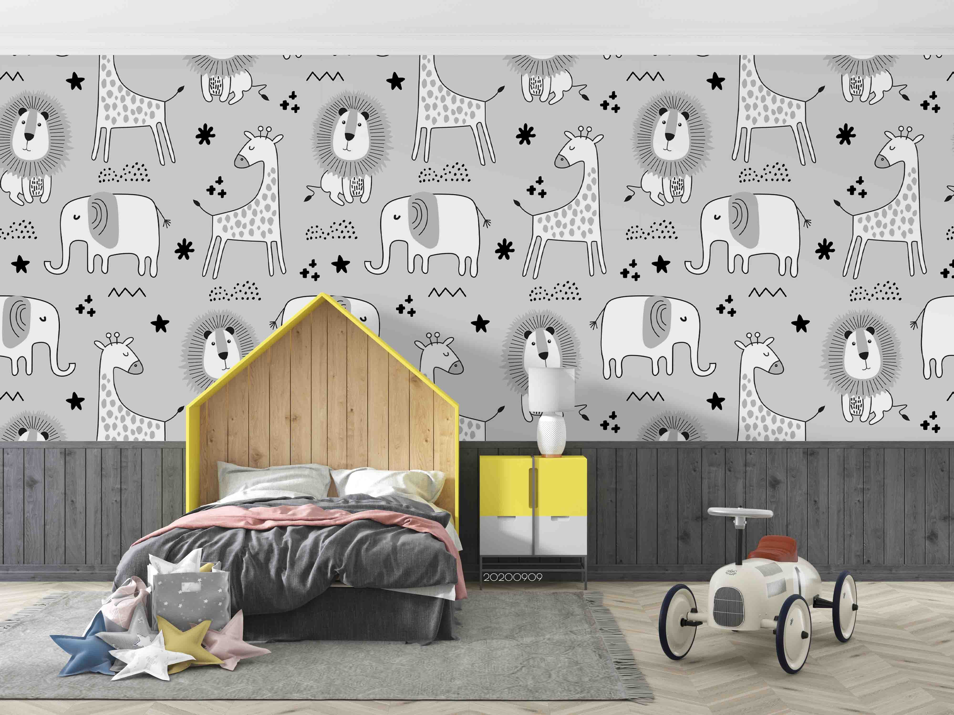 3D Cartoon Elephant Giraffe Animal Grey Wall Mural Wallpaper Lxl