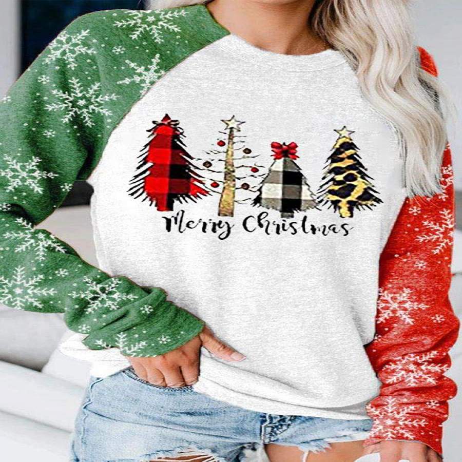 Christmas Tree Leopard Plaid Snowflake Print Round Neck Sweatshirts