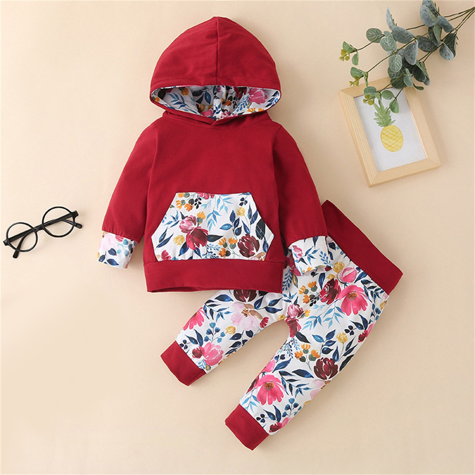 Toddler Infant Newborn Kids Baby Girls Boys Patchwork Hooded Long Sleeve Sweatshirt Blouse Tops Print Crop Hoodie And Pant Set alx