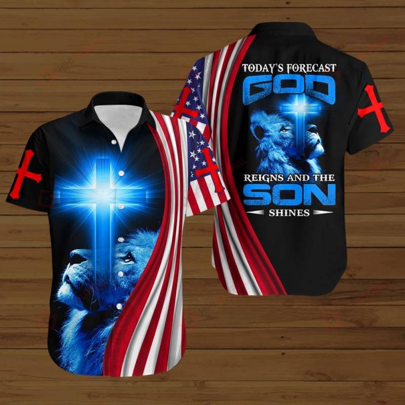 Today’s Forecast God reigns and the son shines American Flag blue lion  ALL OVER PRINTED SHIRTS DH081402